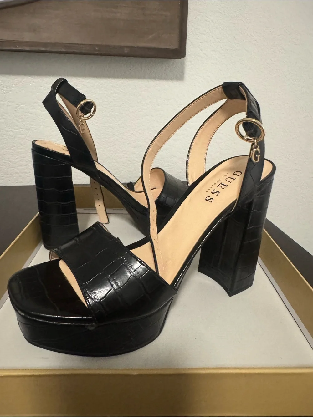 GUESS Black Croc-Embossed Platform Slingback Sandals with Gold Hardware